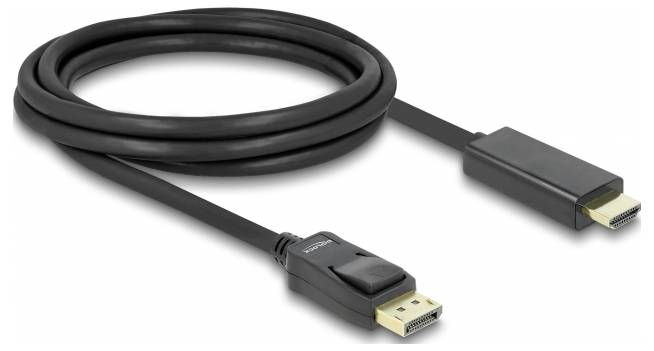 Ein schwarzes Kabel mit einem DisplayPort-Stecker auf der einen und einem HDMI-Stecker auf der anderen Seite, geeignet für Videoverbindungen.