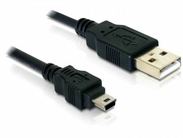 Schwarzes USB-Kabel mit einem USB-A- und einem Mini-USB-Stecker.