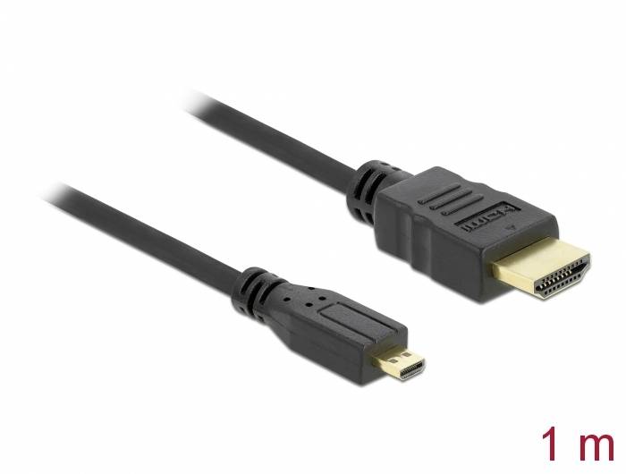 Ein HDMI-Kabel mit normalem Anschluss und einem Micro-HDMI-Anschluss, Länge 1 Meter, auf weißem Hintergrund.