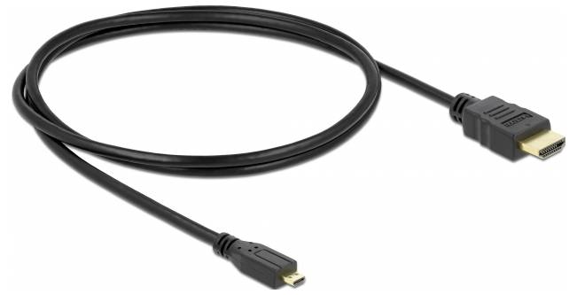 Schwarzes HDMI-Kabel mit Standard- und Micro-Stecker, geeignet für den Anschluss von Geräten wie Kameras oder Tablets an Displays.