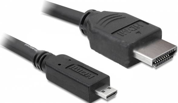 Zwei Kabel: Links ein Micro-HDMI-Stecker und rechts ein Standard-HDMI-Stecker. Beide schwarz und nebeneinander liegend.