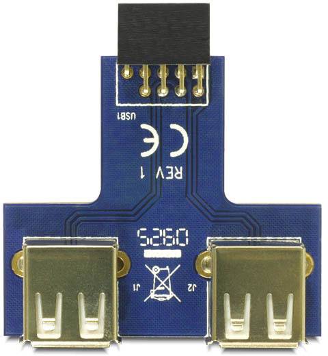 Ein blauer USB-Adapter mit zwei USB-Anschlüssen unten und einem RJ45-Stecker oben.