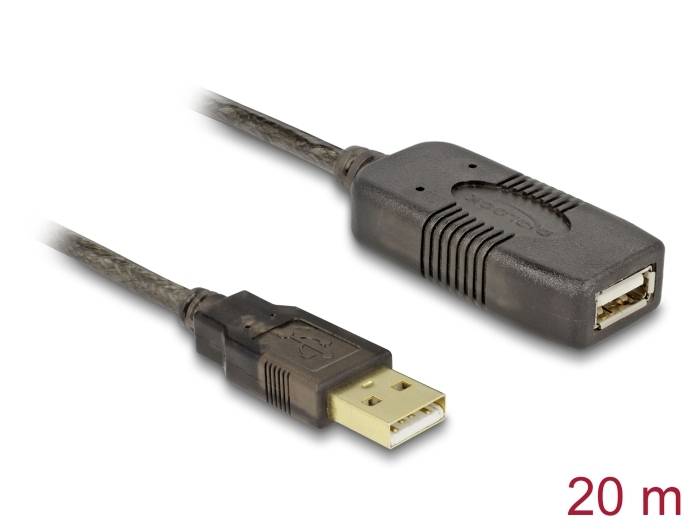 USB-Verlängerungskabel, 20 Meter lang, mit schwarzem Stecker und Buchse. Geeignet zur Verlängerung von USB-Verbindungen.