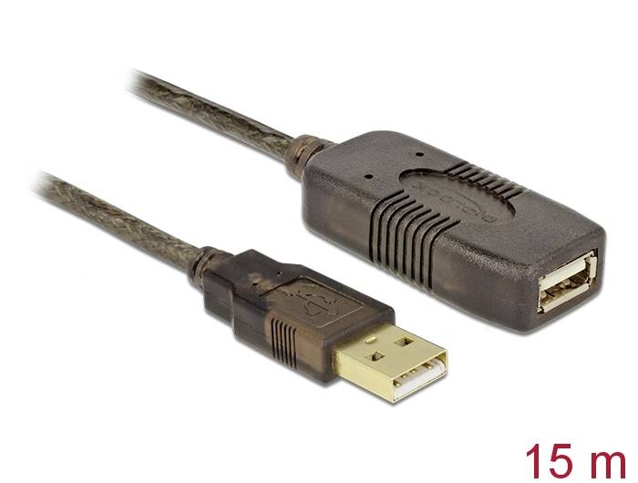 Ein USB-Verlängerungskabel mit einer Länge von 15 Metern. Links der männliche USB-Anschluss, rechts die weibliche USB-Buchse.