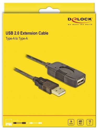 Verpackung eines USB 2.0 Verlängerungskabels (Type-A zu Type-A) von Delock. Kompatibel mit 480 Mbps, Länge 15 m.