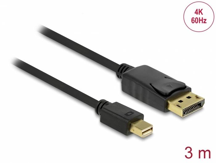 Schwarzes DisplayPort-zu-Mini-DisplayPort-Kabel, 3 Meter lang, geeignet für 4K bei 60Hz.