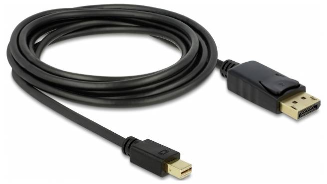 Ein schwarzes HDMI-Display-Port-Kabel mit einem Stecker an jedem Ende ist locker zu einer Schleife aufgerollt.