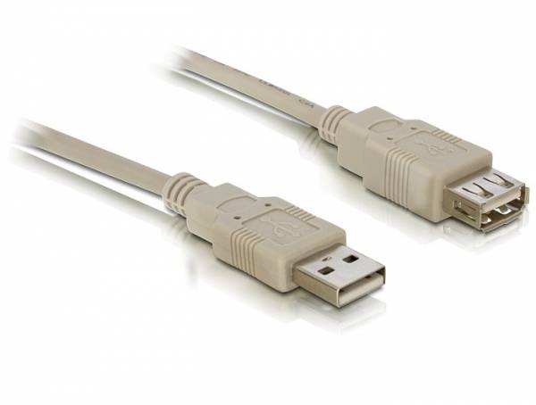 Ein graues USB-Verlängerungskabel mit männlichem und weiblichem Stecker, geeignet zum Verbinden von Geräten für Datenübertragungen.