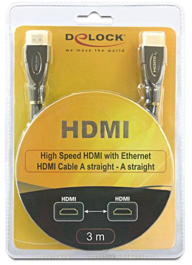 Verpackung eines 3 m langen High Speed HDMI-Kabels. Zeigt HDMI-Stecker und 'High Speed HDMI with Ethernet' Aufschrift.