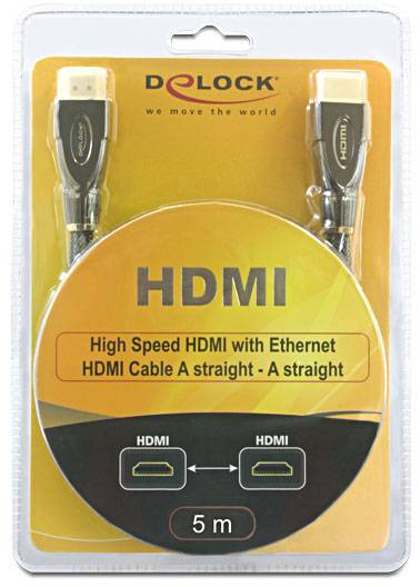 Verpackung eines 5 m HDMI-Kabels von DeLock; 'High Speed HDMI with Ethernet', Abbildung von HDMI-Steckern und einem zweimaligen HDMI-Logo.