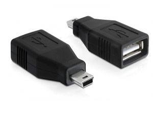 Zwei schwarze USB-Adapter: links mit einem Mini-USB-Stecker, rechts mit einer USB-Buchse. Beides dient zur Verbindung von Geräten.