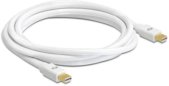 Weißes Thunderbolt-Kabel mit zwei Steckern, geeignet für Hochgeschwindigkeits-Datenübertragung zwischen kompatiblen Geräten.