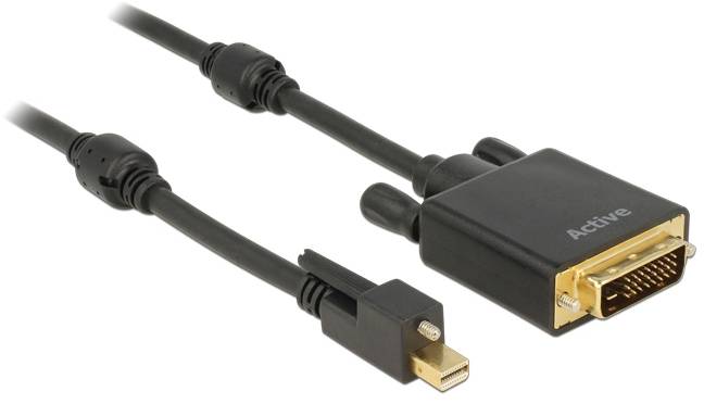 Ein schwarzes Kabel mit Mini-DisplayPort-Stecker auf der einen Seite und DVI-Stecker auf der anderen. Geeignet für Videoübertragungen.