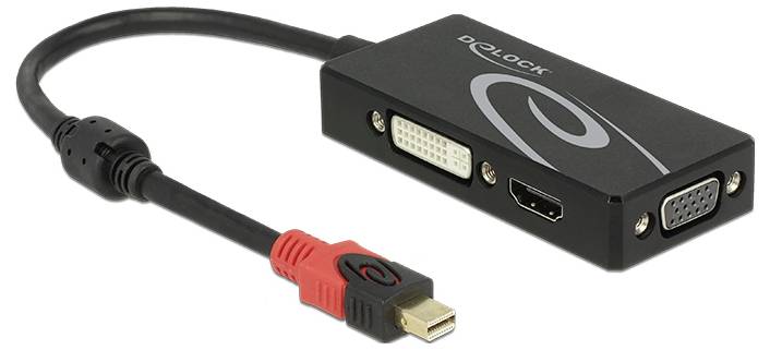 Schwarzer Adapter mit Mini-DisplayPort-Stecker und HDMI-, DVI- und VGA-Buchsen, geeignet für Video-Anschluss an verschiedene Monitore.