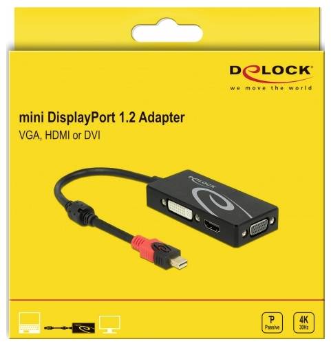 Verpackung eines Delock mini DisplayPort 1.2 Adapters, geeignet für VGA, HDMI oder DVI, schwarz, unterstützt 4K bei 30 Hz.