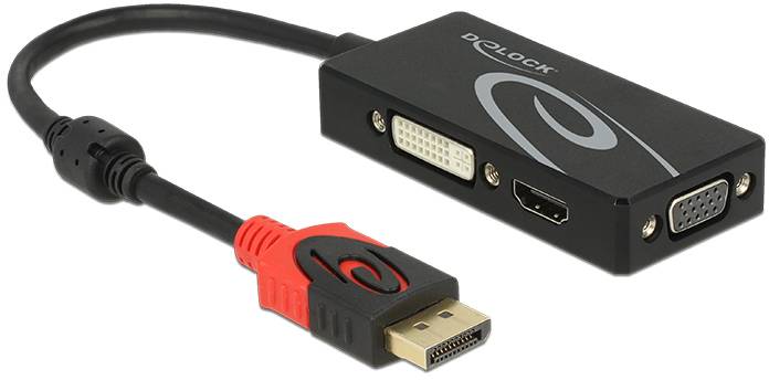 Ein Adapterkabel mit DisplayPort-Stecker und Adapter mit DVI, HDMI und VGA-Anschlüssen, geeignet für verschiedene Monitorverbindungen.