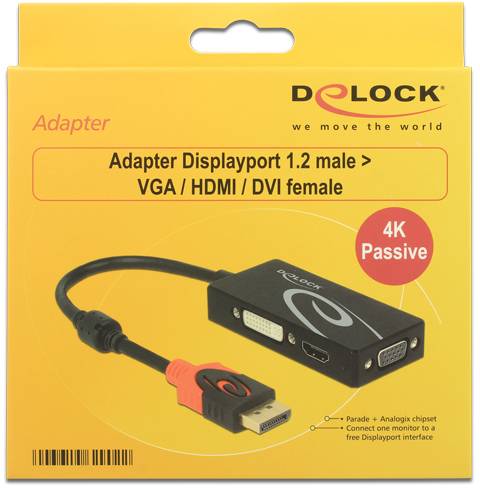 Delock 62902 DisplayPort Adapter [1x DisplayPort Stecker - 1x HDMI-Buchse, DVI-Buchse 24+1pol., VGA-Buchse] Schwarz 0.20m