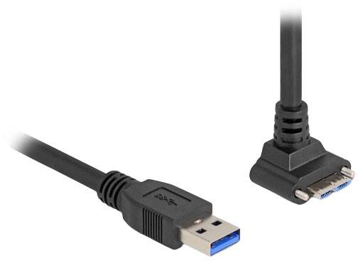 Ein schwarzes USB-Kabel mit einem Standard-USB-Stecker auf der linken Seite und einem speziellen Stecker auf der rechten Seite.