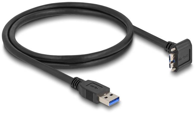 Ein schwarzes USB-Kabel mit einem USB-A-Stecker und einem abgewinkelten Micro-B-Stecker. Geeignet für Datenübertragung und Laden.
