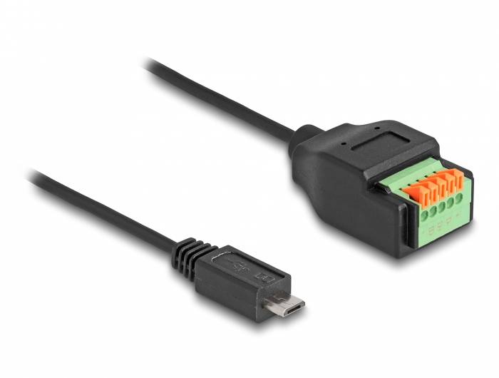 Schwarzes Kabel mit Micro-USB-Stecker und grüner Terminalblock-Steckverbindung. Verwendung: Anschluss in der Elektronik.