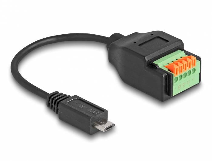 Schwarzgrünes Adapterkabel mit Micro-USB-Anschluss und mehrfarbigem Anschlussblock, geeignet für elektronische Verbindungen.