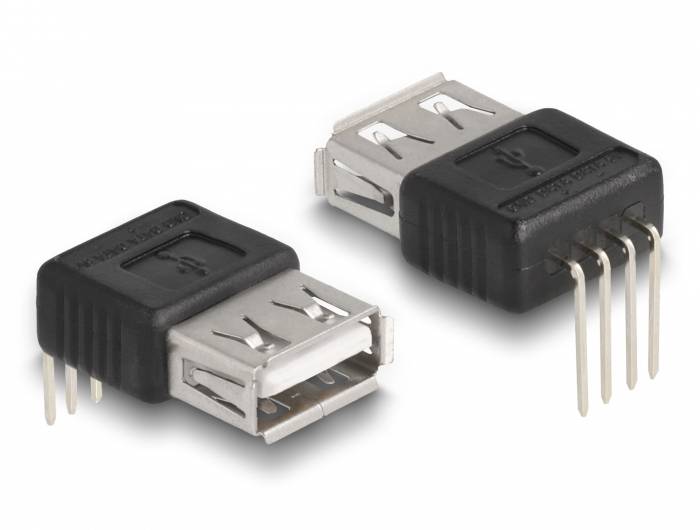Zwei USB-Buchsenadapter mit Metallstiften und schwarzem Kunststoffgehäuse; geeignet für elektronische Verbindungen und Schaltungen.