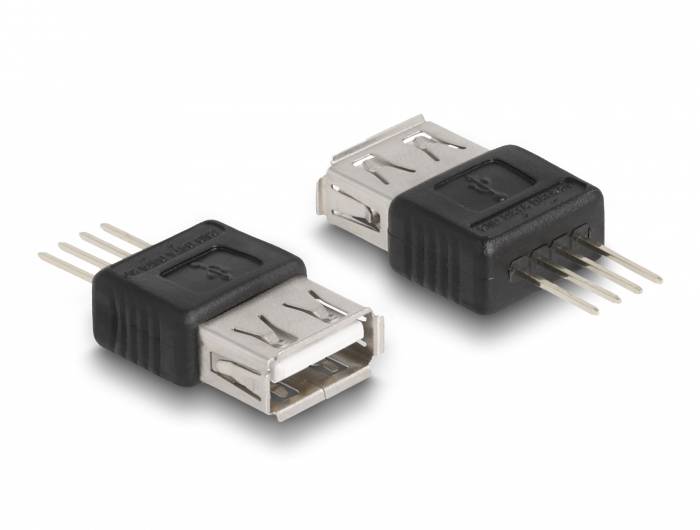 Zwei USB-A-Buchsen mit schwarzem Gehäuse und Metallstiften, verwendet für elektronische Verbindungen auf Leiterplatten.