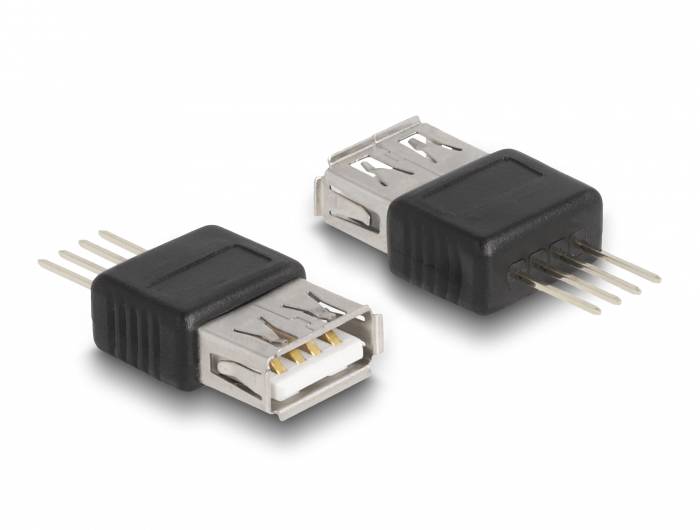 Zwei schwarze USB-Steckverbinder mit Metallkontakten auf weißem Hintergrund. Einer zeigt die Vorderseite, der andere die Rückseite.