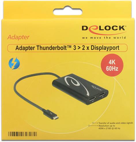 Thunderbolt-3-zu-2x DisplayPort-Adapter von Delock, unterstützt 4K bei 60Hz. Verpackung zeigt Adapterbild und Produktdetails.