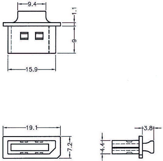 Technische Zeichnung eines USB-Anschlusses mit Abmessungen in Millimetern: 9,4 x 15,9 x 9 hoch. Seitenansicht zeigt 3,8 x 4,4.