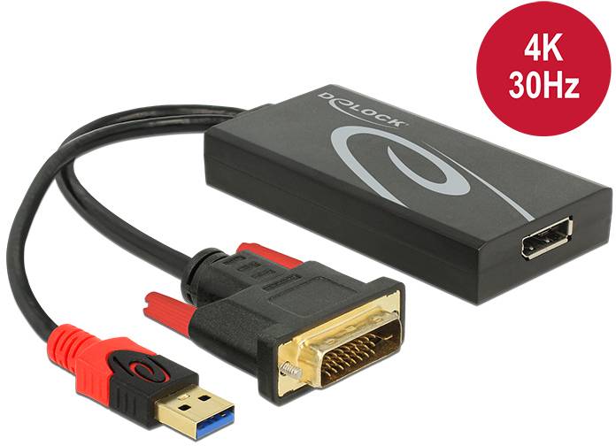 Externer Adapter mit DVI- und USB 3.0-Anschlüssen, ermöglicht 4K Videoausgabe bei 30Hz. Schwarzes Gehäuse, rote und schwarze Kabel.