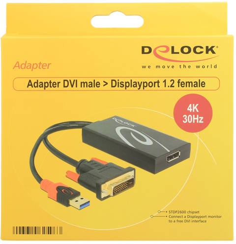 'Delock Adapter' für die Umwandlung von DVI male zu DisplayPort 1.2 female. Unterstützt 4K bei 30Hz. Enthält Abbildung des Adapters.