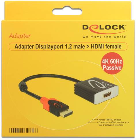'Delock Adapter Displayport 1.2 male zu HDMI female, 4K 60Hz, Passiv.' Gelbe Verpackung zeigt ein Kabel mit roten und schwarzen Anschlüssen.