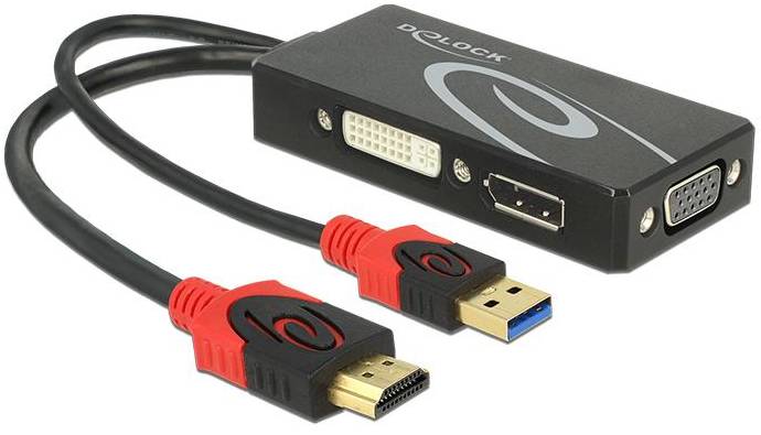 Adapter mit USB, HDMI und VGA-Anschlüssen zur Verbindung von Geräten.