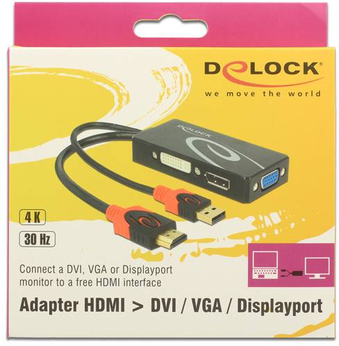 'Adapter HDMI zu DVI/VGA/Displayport' von Delock. Verpackung zeigt Adapter mit HDMI-Anschluss, kompatibel mit DVI, VGA, Displayport. Unterstützt 4K, 30 Hz.
