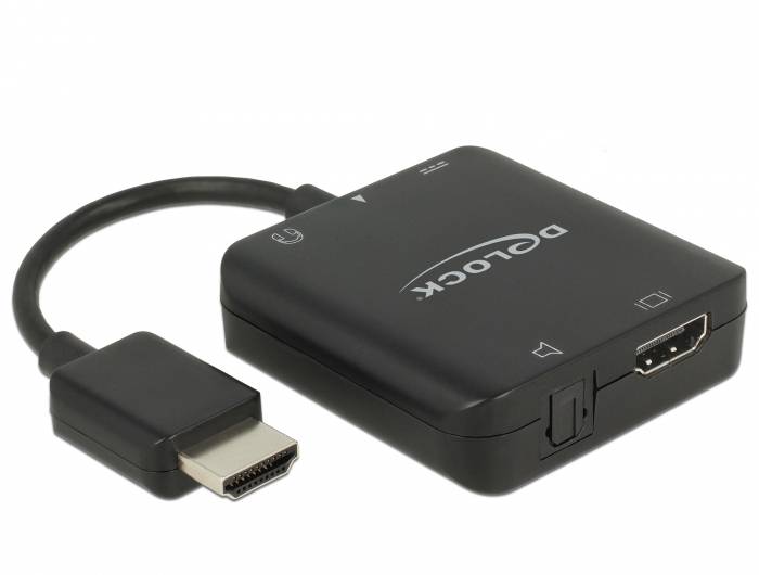 Schwarzer DisplayPort-zu-HDMI-Adapter mit kurzem Kabel. Erlaubt die Verbindung zwischen DisplayPort-Gerät und HDMI-Display.