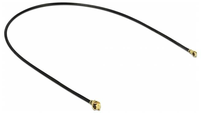 Ein schwarzes Kabel mit goldenen Steckern an beiden Enden, geformt in einem leichten Bogen. Geeignet für elektronische Verbindungen.