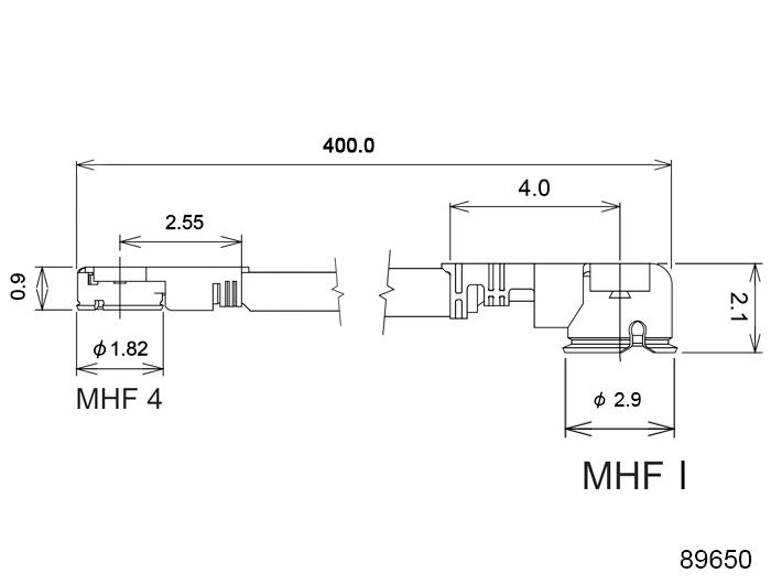 Technische Zeichnung zeigt Maße und Details einer mechanischen Komponente, bezeichnet als 'MHF I' und 'MHF 4', mit Längenangaben in Millimetern.
