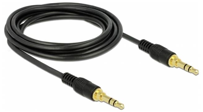 Schwarzes Audiokabel mit zwei goldenen 3,5-mm-Klinkensteckern an den Enden, geeignet zum Verbinden von Audiogeräten.