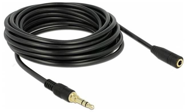 Ein schwarz ummanteltes Audiokabel mit 3,5-mm-Stecker und Buchse, aufgerollt und bereit zur Nutzung.