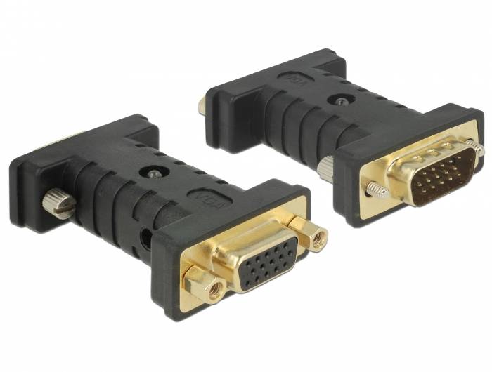 Ein VGA-zu-DVI-Adapter-Paar mit schwarzen Kunststoffgehäusen und goldfarbenen Anschlüssen, das analoge zu digitale Signale umwandelt.