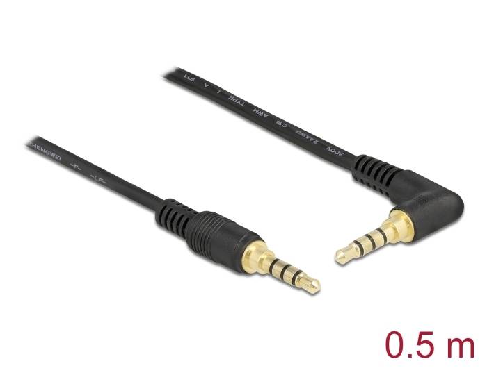 Das Bild zeigt ein 0,5 Meter langes Audiokabel mit zwei 3,5mm Stereo-Klinkensteckern. Einer der Stecker ist abgewinkelt.