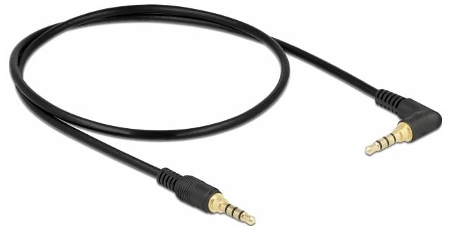 Schwarzes Audiokabel mit zwei 3,5-mm-Klinkensteckern, einer gerade, einer im rechten Winkel, für Audioverbindungen geeignet.