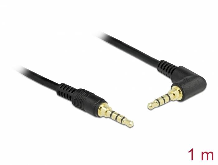 Ein schwarzes Audiokabel mit zwei 3,5-mm-Stecker-Enden, eines gerade und das andere abgewinkelt. Kabellänge: 1 Meter.
