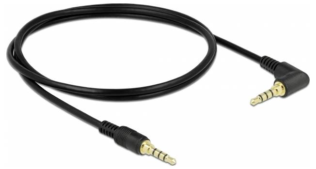 Schwarzes Audiokabel mit zwei vergoldeten 3,5-mm-Klinkensteckern, einer gerade, der andere um 90 Grad abgewinkelt.