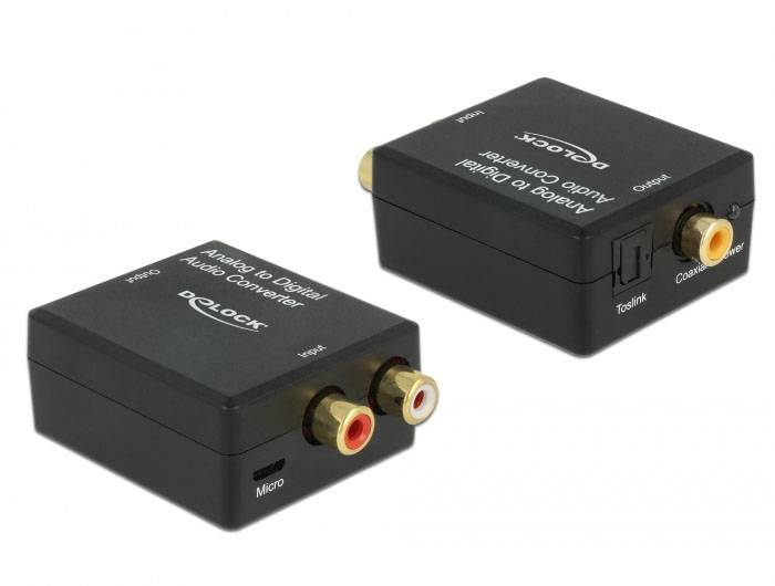 Zwei schwarze Audiokonverter mit Anschlüssen für Toslink, Coaxial und RCA. Markierung: 'Analog zu Digital Audio Converter'.