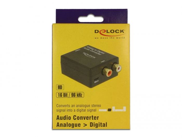 Verpackung eines Audio-Konverters DeLOCK, der analoge Stereo-Signale in digitale umwandelt. Unterstützt 16 Bit/96 kHz.