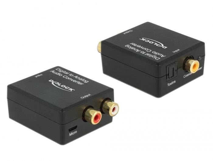 'Digital zu Analog Audio Konverter von Delock' zeigt zwei schwarze Boxen mit Anschlüssen für Toslink, Koaxial, und RCA Audiokabel.