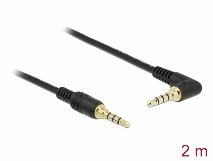 Ein schwarzes Audiokabel mit 3,5 mm Klinkensteckern, einer gerade und einer im rechten Winkel, 2 Meter lang.