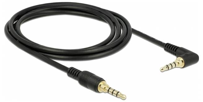 Schwarzes Audiokabel mit zwei goldfarbenen 3,5-mm-Klinkensteckern, einer gerade, der andere abgewinkelt.